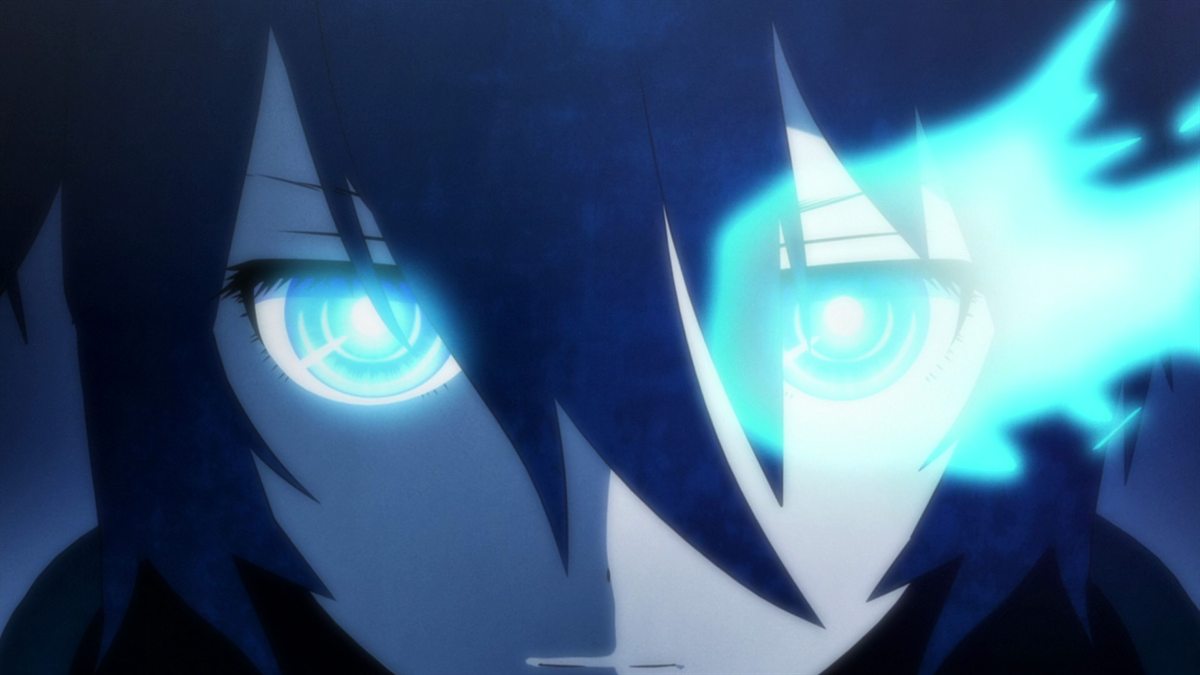 Dark anime character with glowing blue eyes surrounded by red flames