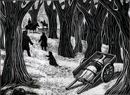 A woodcut depiction of Kedward's banishment from the town of Blair by artisan Ethan Long.[2]