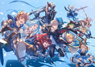 ArcRevo Online 2020 poster of Ruby with Jin Kisaragi, Hazama Honoka, Es Mitsurugi, Yu Narukami and Izanagi. Gran, Lyria, Charlotta Fenia, Zeta and Narmaya of Granblue Fantasy: Versus can also be seen.