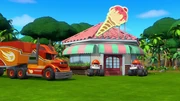 Blaze helps the construction workers make an ice cream store.