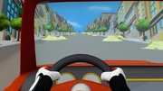 AJ has to steer Blaze past Crusher's slippery bananas.