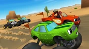 Blaze and Pickle work as a team to pass the other trucks.