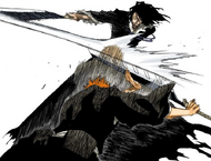 Ichigo evades Zangetsu's slash.