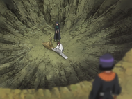 Yumichika stands by as Rin analyzes the crater.