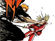 Zangetsu takes control of Ichigo's body and grabs Hiyori by the throat.