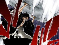 Kenpachi withstands Gerard's stomp and throws him off balance.