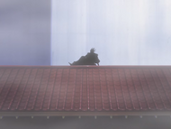 Kenpachi waits for Ichigo on a rooftop in the Senzaikyū compound.