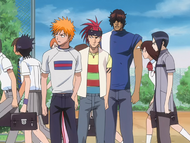 The students rush around Renji and his friends to get to class.