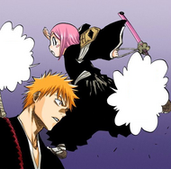 Yachiru steps onto Ichigo's shoulder before he can react.