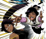 Yūshirō appears, trying to hug Yoruichi.