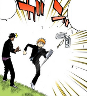 Ichigo kicks away the phone that Sado accidentally picked up.