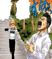 Ichigo berates Isshin for badgering his family with his whistle.