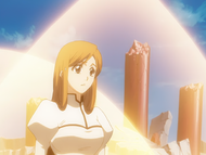 Orihime observes the battle from behind her Santen Kesshun shield.