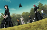 Uryū and the Shinigami protect Nozomi.