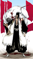 Kenpachi arrives with three dead Sternritter on his shoulders.