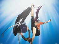 Suì-Fēng restrains Yoruichi with Takigoi.