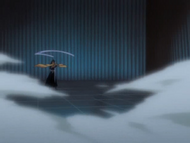 Rukia releases her Shikai in a gust of icy wind.