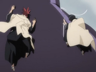 Rukia Kuchiki and Renji Abarai cling to a writhing Bawabawa.