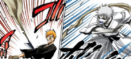 Ichigo continues to dodge Zangetsu's Deadly Darts attacks.