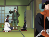 Tessai sits as Urahara asks Yumichika Ayasegawa to help.