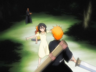 Kon sits in Ichigo's body as Rukia tries to stop the fight.