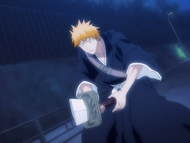 As he tries to finish off Renji, Ichigo's Zanpakutō is broken by Byakuya Kuchiki.