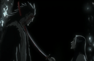 Unohana shoves her Zanpakutō through Kenpachi's throat.