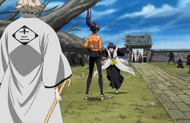 Yoruichi appears between Urahara and Suì-Fēng.