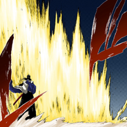 Ichigo fires a Getsuga Tenshō to counter Byakuya's Shikai, Senbonzakura.