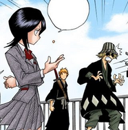 Rukia takes Kon's pill from Urahara.