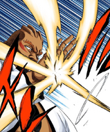 Yammy blocks Tsubaki with his bare hand.