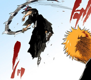 Renji leaps into the air as he attacks Ichigo.