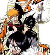 Rukia pulls Ichigo's Shinigami form out of his body.