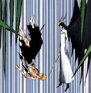 Ulquiorra appears in the air before Ichigo as he falls.