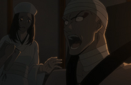 Ikkaku screams at the nurses for telling him that Kenpachi was defeated.