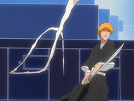 Ichigo sidesteps Zangetsu's Deadly Darts attack.