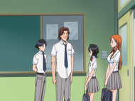 Orihime accompanies Rukia as the latter returns to Karakura High School.