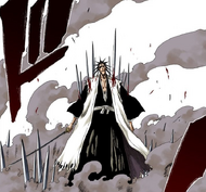 Kenpachi withstands both the blow from Tenken and Tōsen's Suzumushi Nishiki: Benihikō.