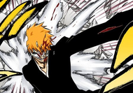 A wounded Ichigo crashes into the side of the tower.