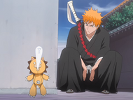 Ichigo finds Kon attempting to sneak into Rukia's room.