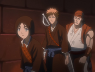 Hanatarō leads Ichigo and Ganju through the sewers.