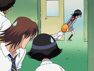 Mizuiro and Keigo watch as Rukia drags Ichigo away.