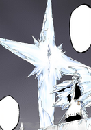 Hitsugaya entombs Cang Du in a flower of ice.