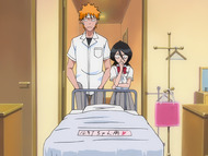 Ichigo and Rukia discover that her bed is in Karin and Yuzu's room.