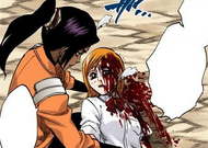 Yoruichi tends to a bloodied and injured Orihime.