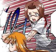 Chizuru is forced to punch Orihime due to the effects of Bulb Scatter.