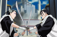 Byakuya Kuchiki & Reigai-Byakuya Kuchiki crossing blades with each other.