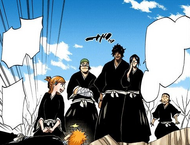 Orihime and the rest of Ichigo's friends approach him after his battle.