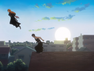 Rangiku and Hisagi cross Karakura Town.