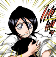 Rukia protectively clutches Byakuya as Aizen approaches.